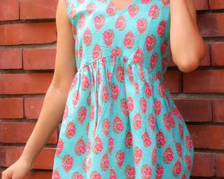 Turquoise Paisley Print Summer Dress | Elegant Traditional Motif Cotton Garment